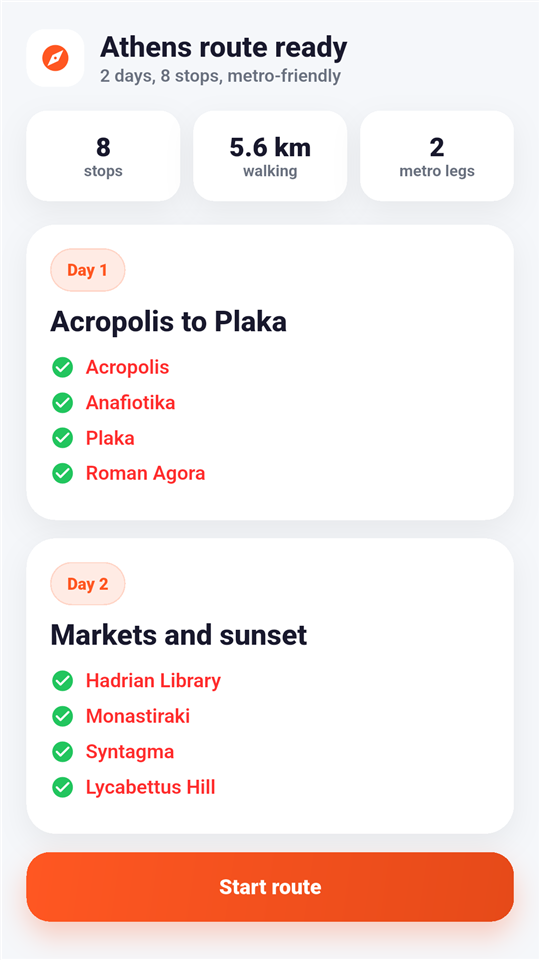 Navitra app showing a finished 2-day Athens route with 8 stops and metro directions